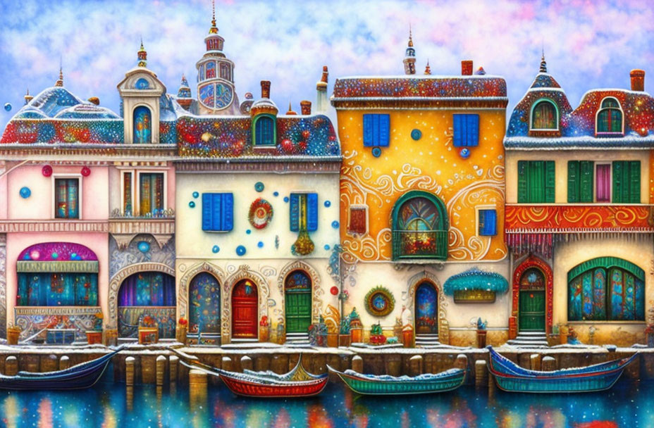 Vibrant waterfront scene with eclectic buildings and boats in a whimsical European village.