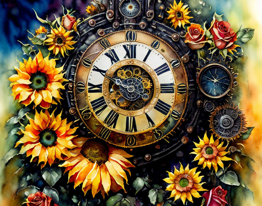 Ornate Clock Painting with Gears, Sunflowers, Roses, and Watercolor Background