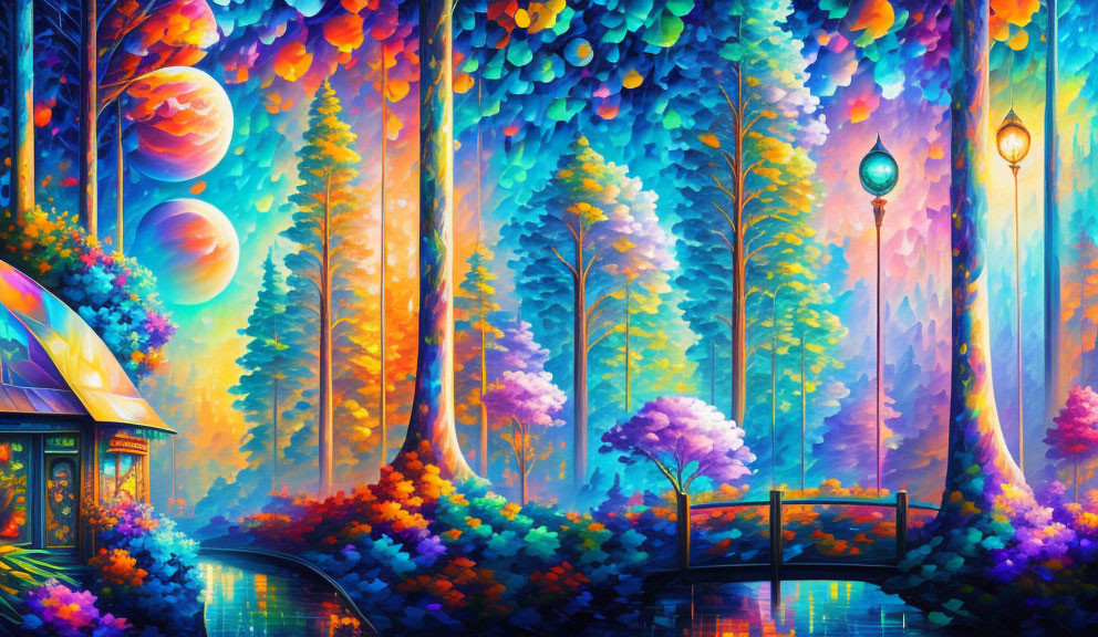 Colorful Trees and Celestial Bodies in Fantastical Forest