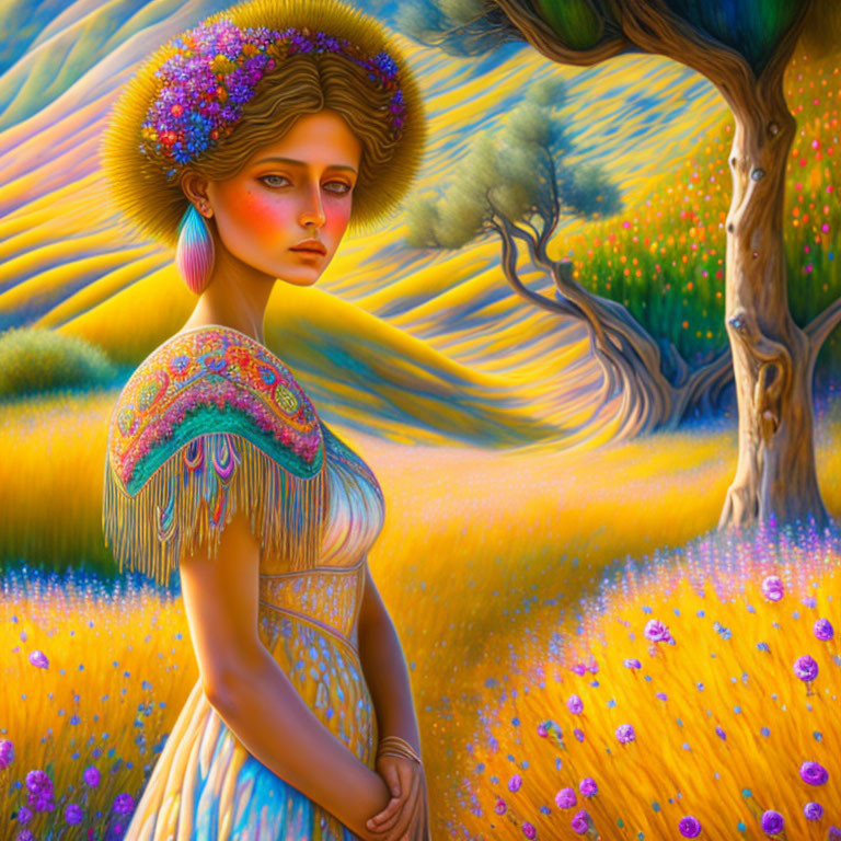 Colorful Illustration of Woman in Floral Hat and Beaded Shawl in Vibrant Landscape
