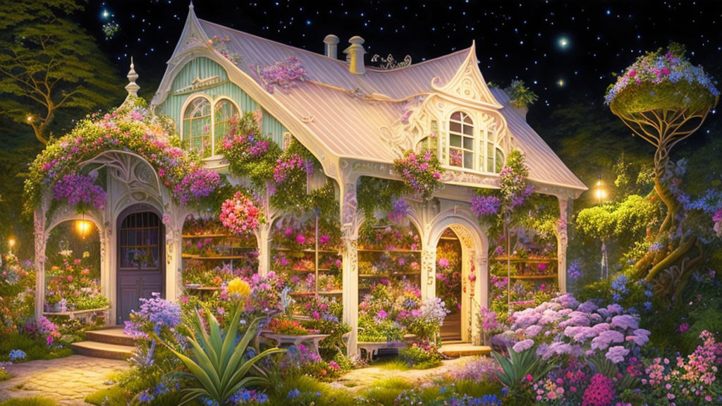 Nighttime illuminated garden conservatory with lush flora and starry sky