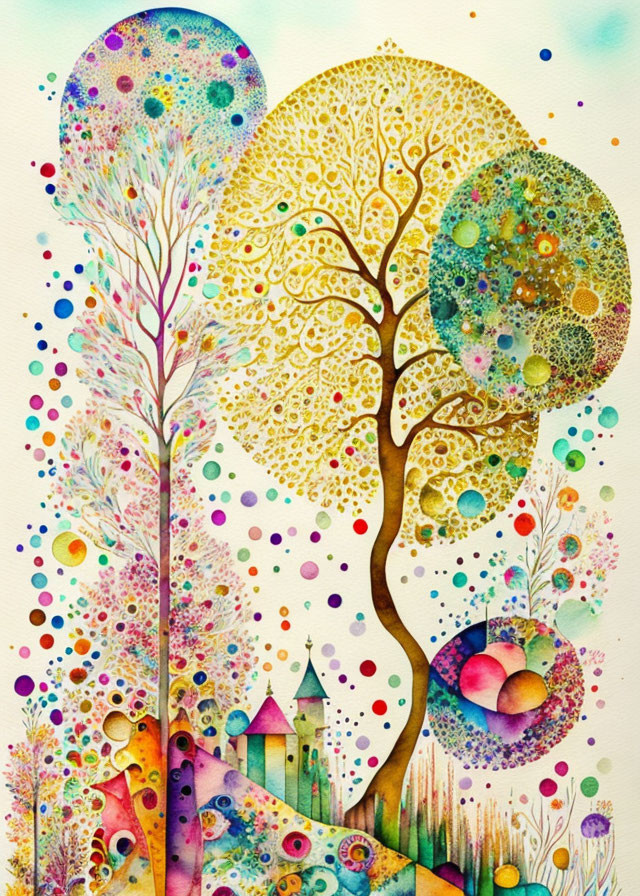 Whimsical artwork: Stylized trees, bubbles, surreal castle on pastel background