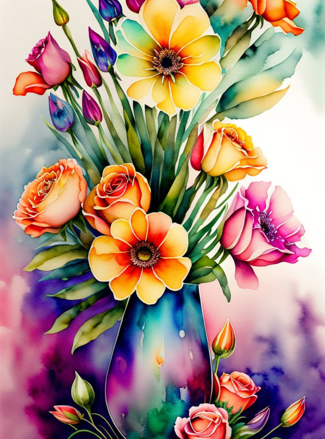 Colorful Watercolor Painting of Assorted Flowers in Pink, Orange, and Yellow