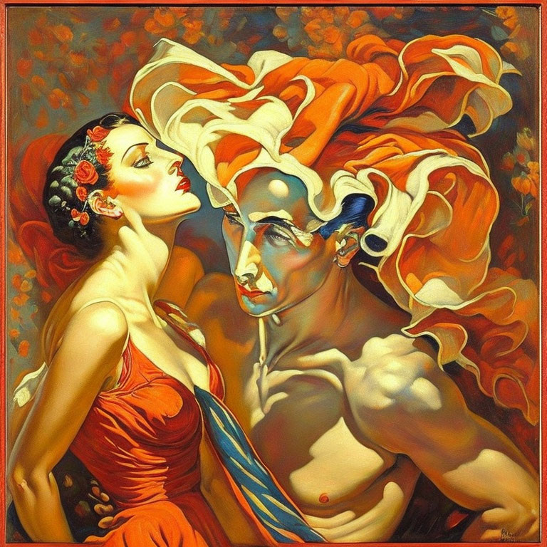 Colorful painting of woman in red dress with flowing red hair and male figure on orange backdrop