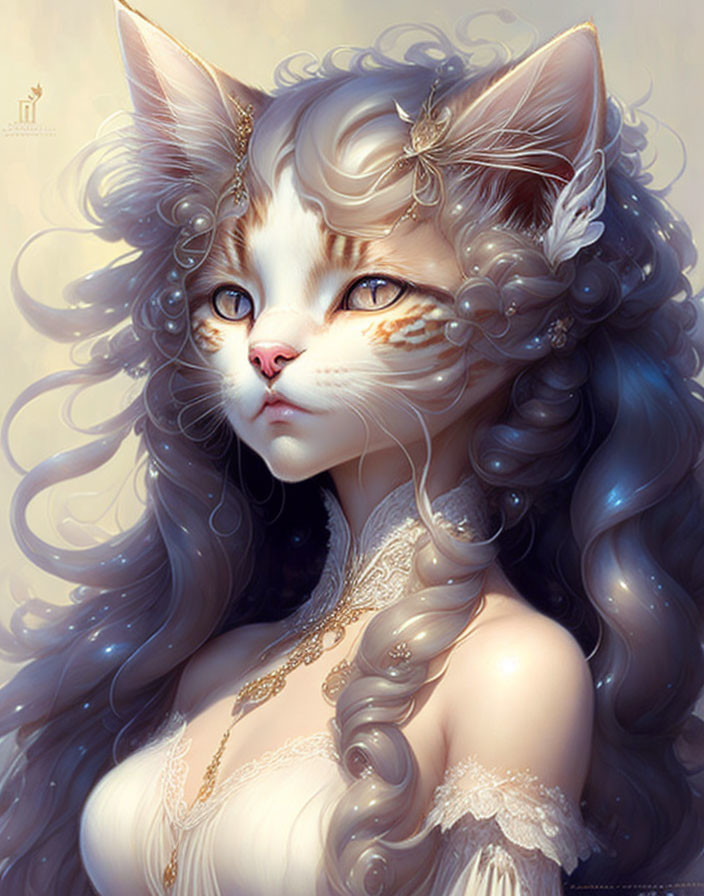 Fantasy character with cat head: orange and white fur, blue eyes, intricate jewelry, on beige