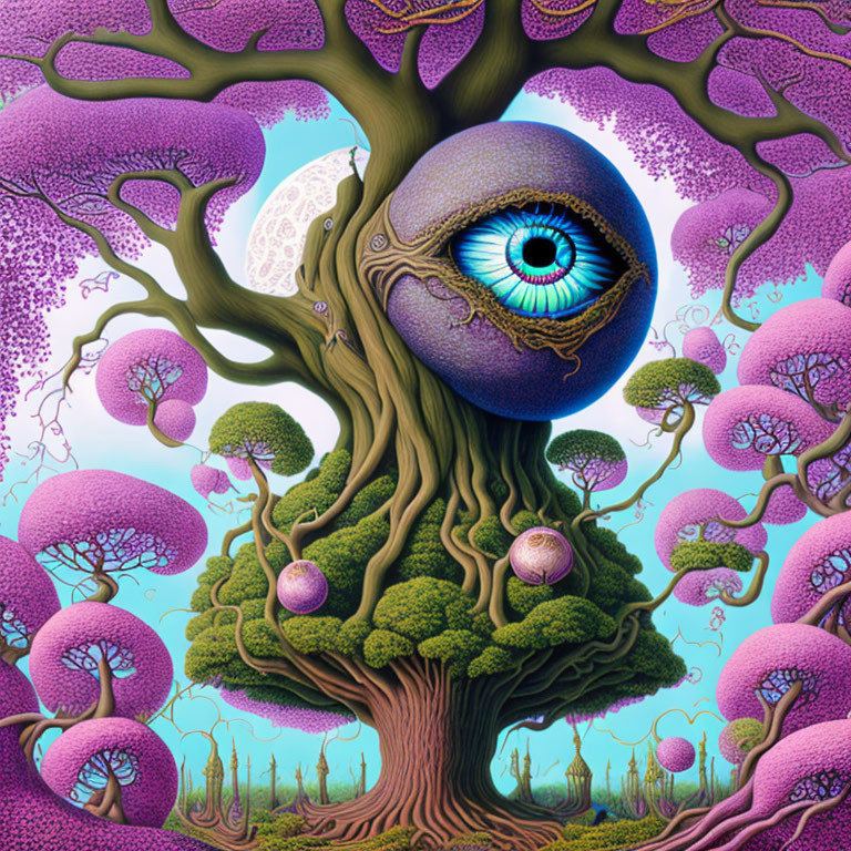 Vibrant surreal artwork: tree with blue eye, moons, purple foliage