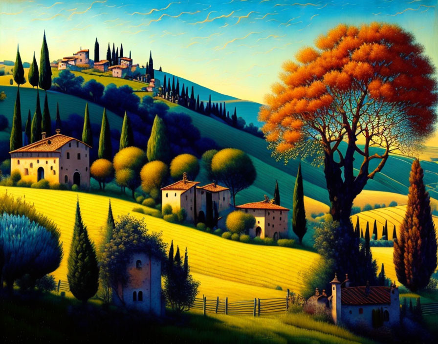 Colorful Tuscan landscape with rolling hills and cypress trees