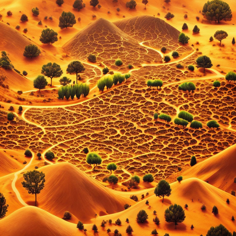 Desert landscape at sunset with orange glow on sand dunes