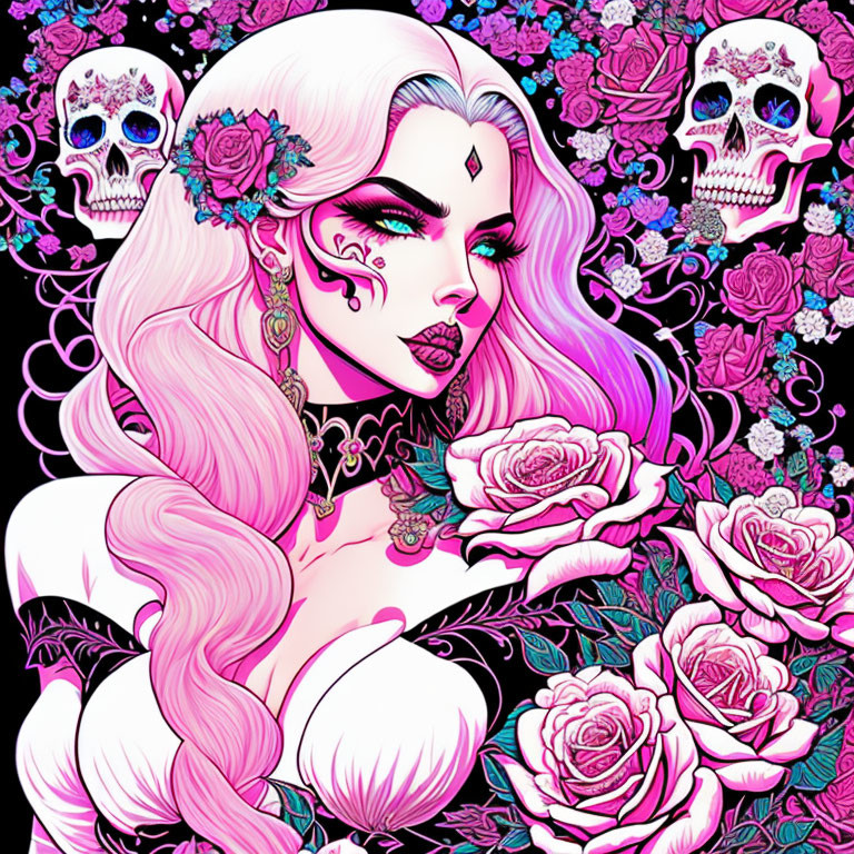 Gothic-inspired woman with pink hair among roses and skulls