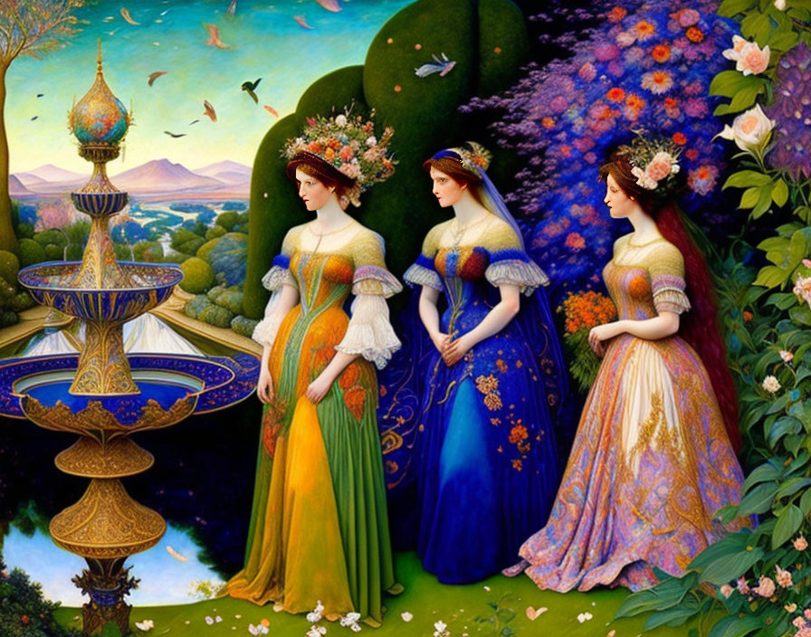 Three women in colorful gowns in lush garden with fountain.