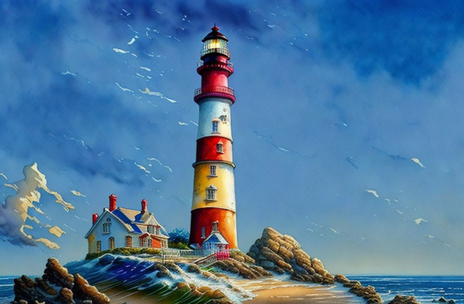 Colorful painting of red and white lighthouse on rocky outcrop with cottage, dynamic sky, and