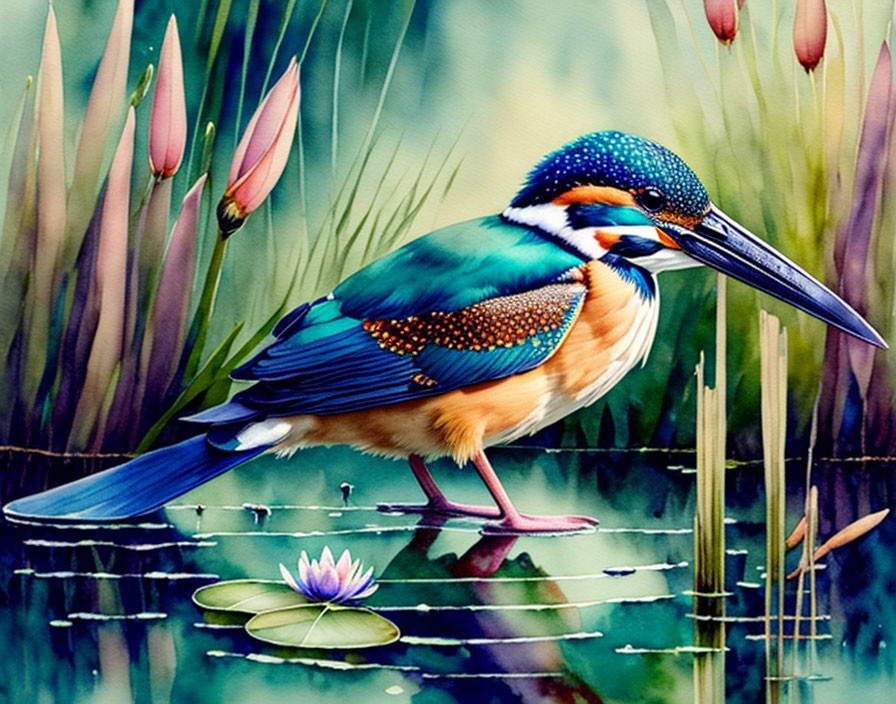 Colorful kingfisher bird on branch with cattails and water lily