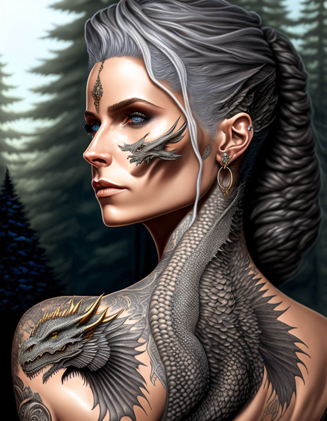 White-Haired Woman with Dragon Makeup and Golden Earring Poses with Dragon in Forest Setting