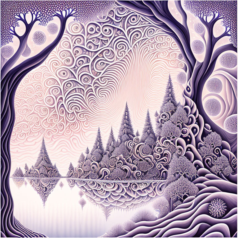 Purple-toned surreal landscape with swirling patterns and stylized trees