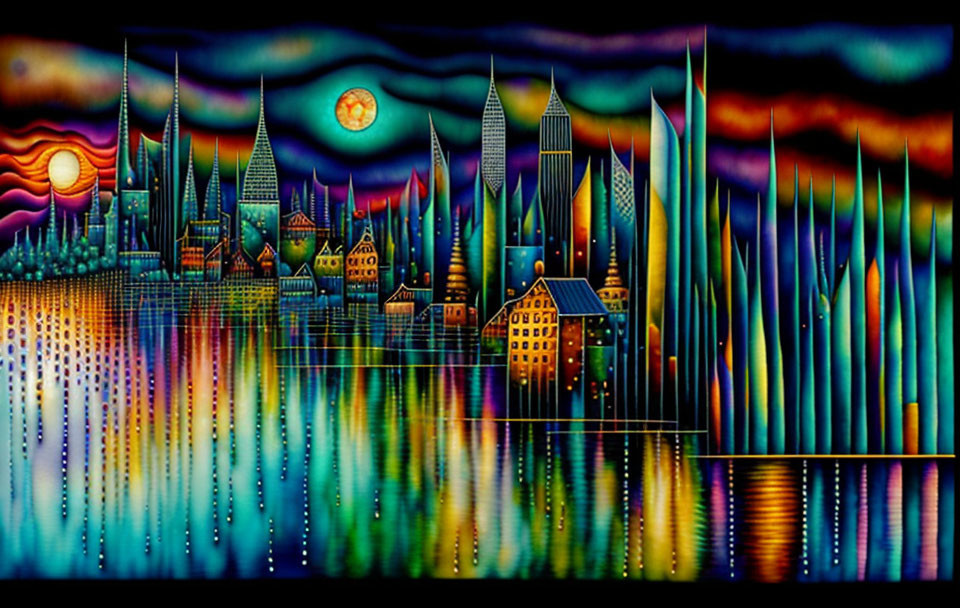 Colorful surreal cityscape with dual suns and reflective water landscape