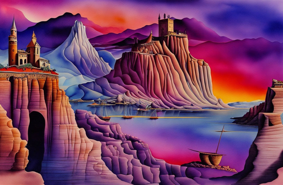 Purple mountains, cliff-top castle, serene lake, boats, colorful dusk skies