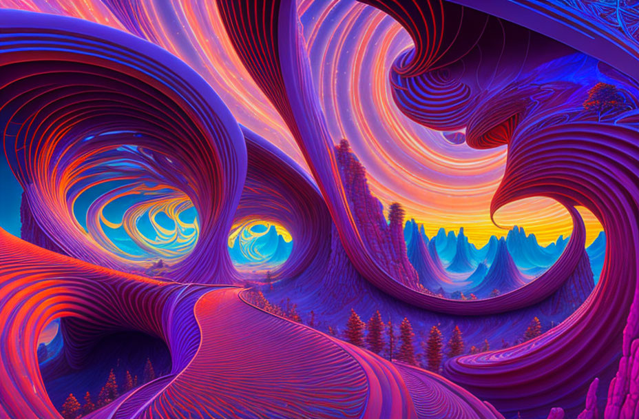 Colorful digital artwork: Swirling purple, blue, and orange patterns depicting a surreal sunset landscape