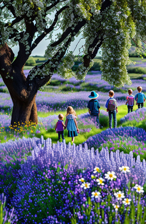 Vibrant lavender field with children, tree, and wildflowers