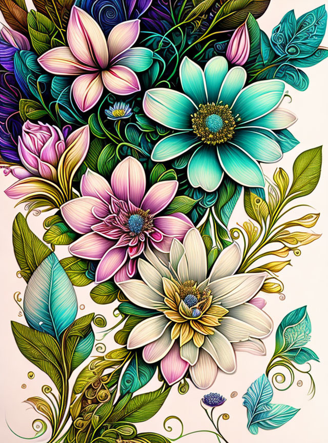 Detailed Stylized Floral Illustration in Vibrant Colors