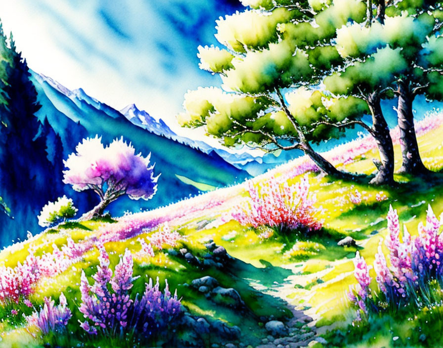 Colorful Watercolor Painting of Flower Meadow and Mountains