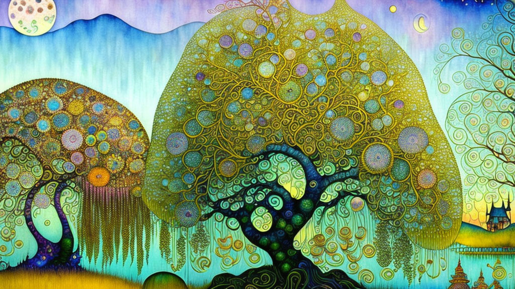 Colorful whimsical painting of stylized trees and dreamlike landscape