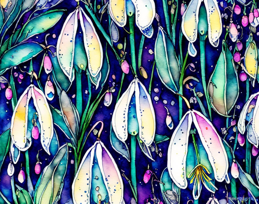 Vibrant watercolor illustration of dewy snowdrop flowers and foliage