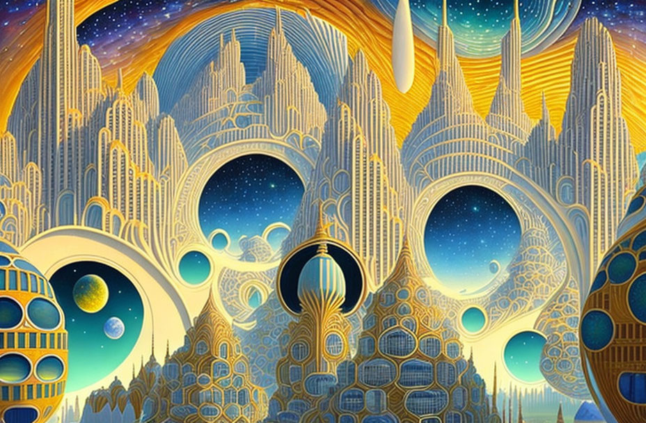 Fantastical cityscape with Art Nouveau architecture and celestial skies