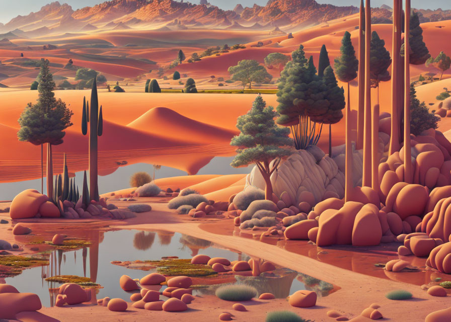 Vivid surreal desert landscape with orange dunes, water bodies, cypress trees, and rock formations