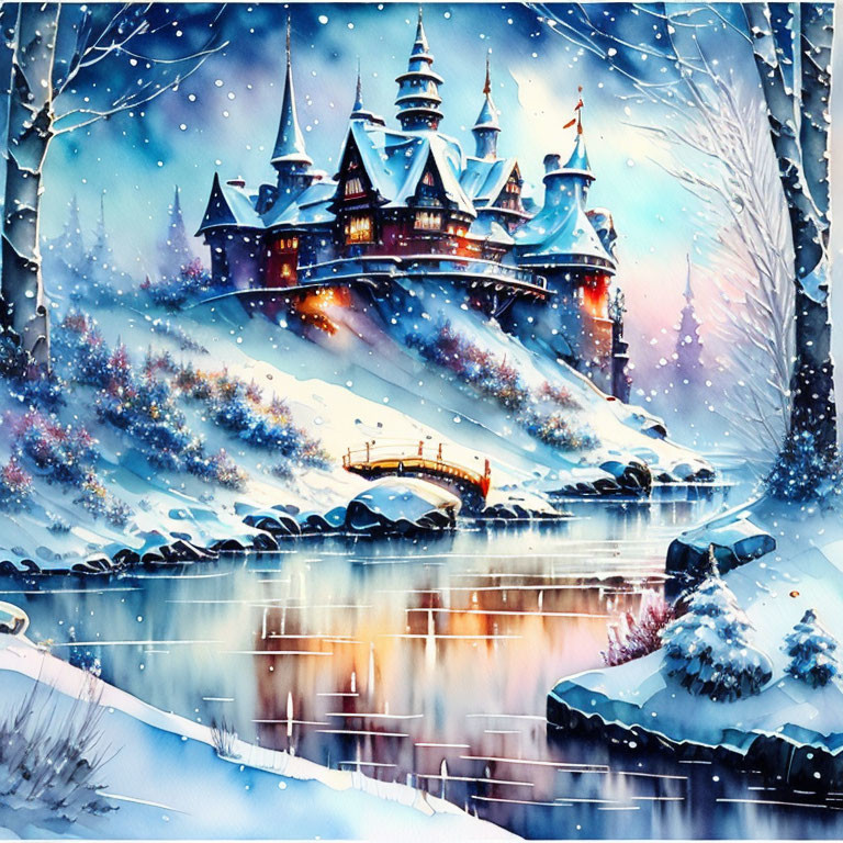 Snow-covered castle and stone bridge in winter dusk scene