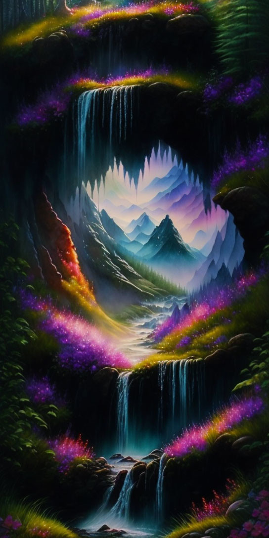 Colorful surreal landscape painting with waterfall and luminous valley