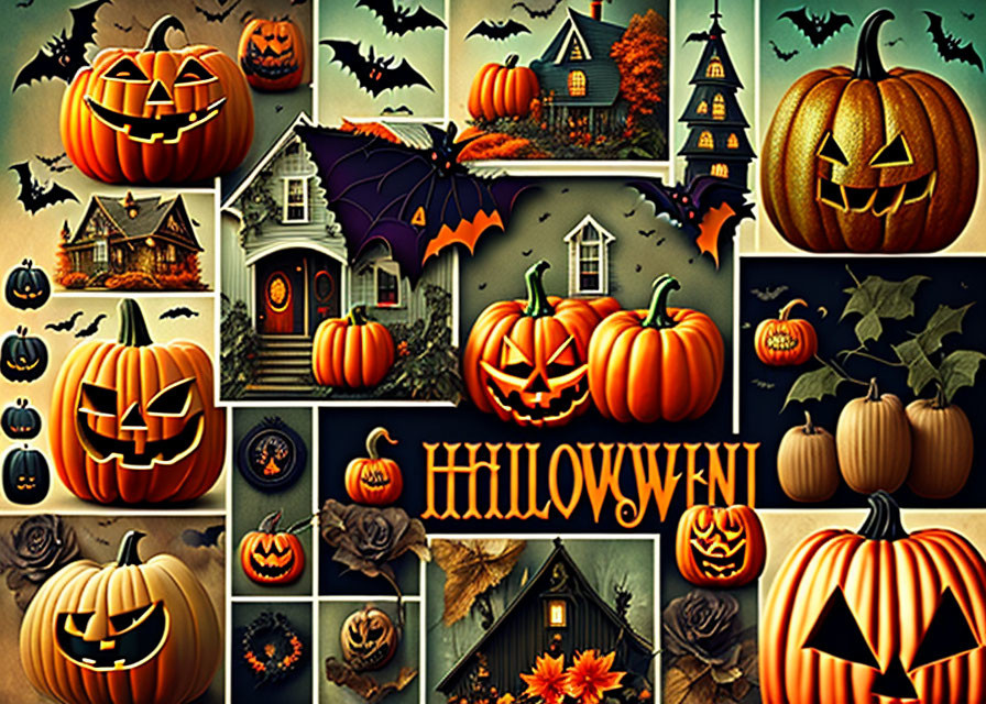 Colorful Halloween Collage with Pumpkins, Haunted Houses, Bats, and Stylized