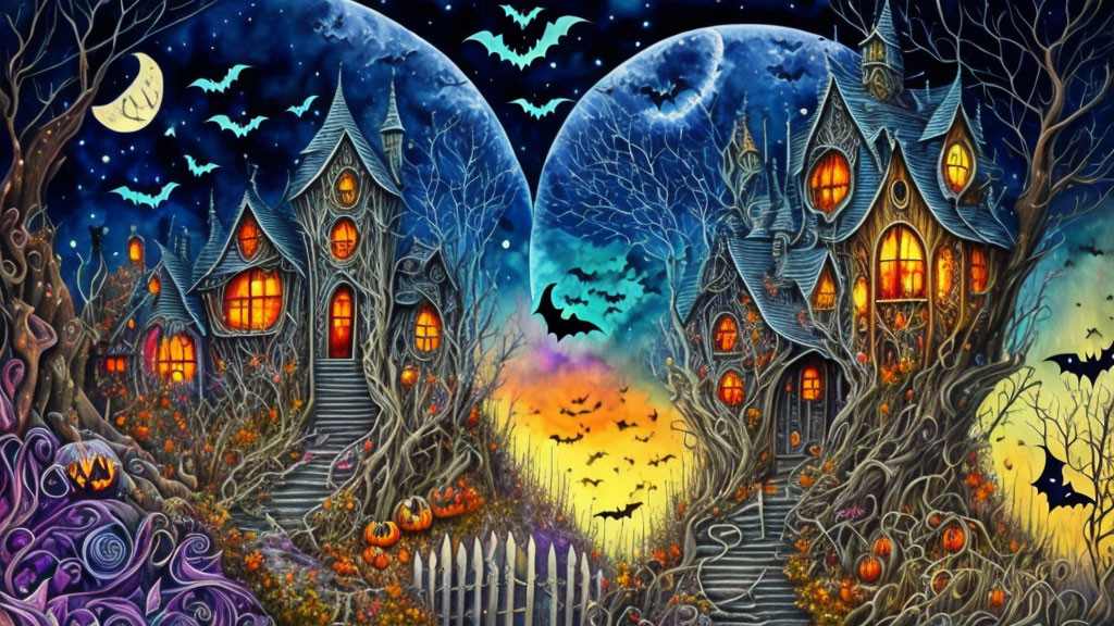 Colorful Halloween Illustration with Haunted Houses, Bats, Moon, Pumpkins, Trees,