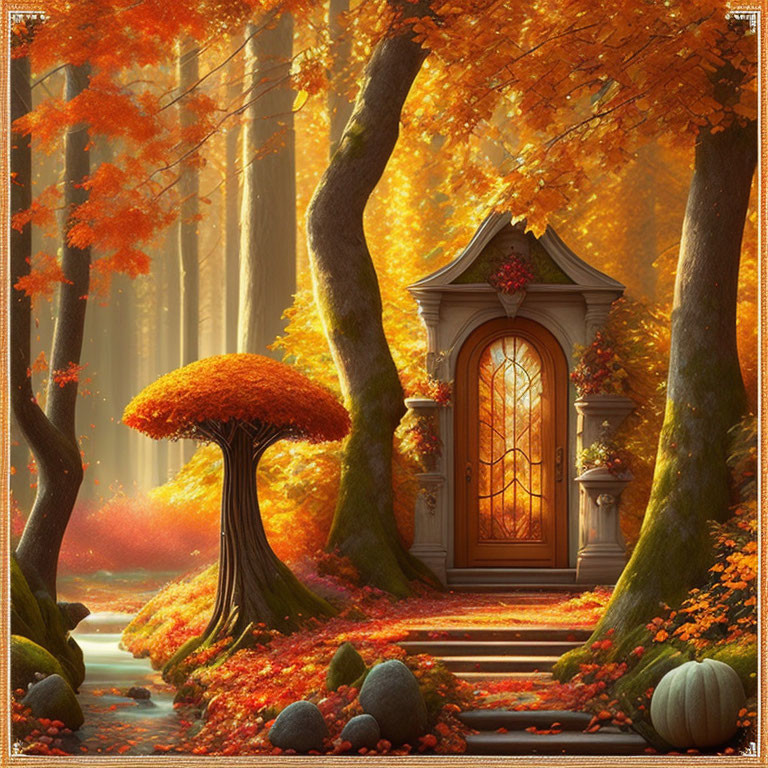 Enchanting Autumn Forest with Whimsical Wooden Door