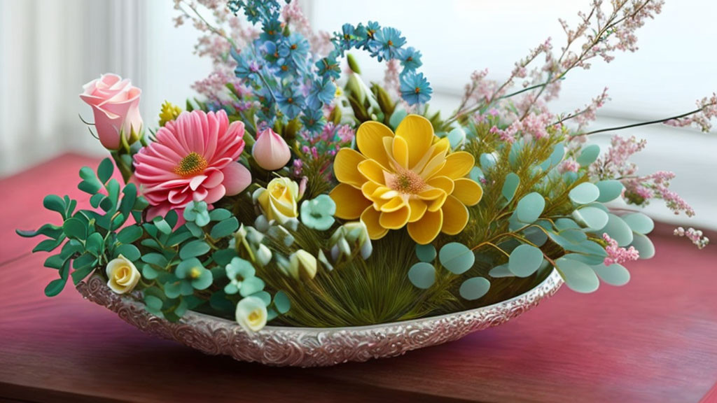 Colorful Floral Arrangement in Decorative Bowl on Wooden Surface