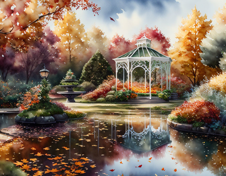 White Gazebo in Autumn Setting with Colorful Trees and Reflective Pond