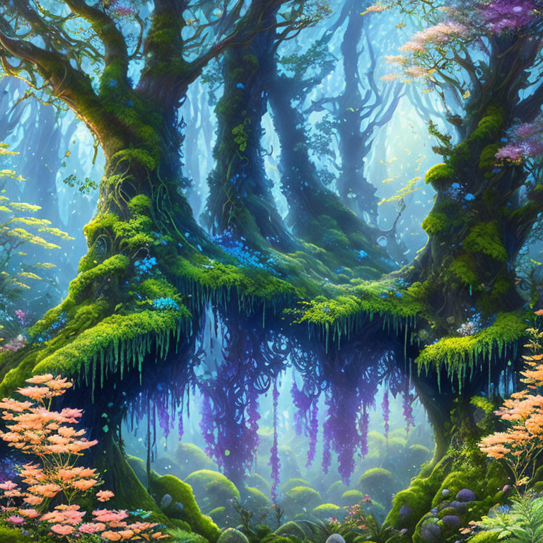 Vibrant blue and purple enchanted forest with ancient trees