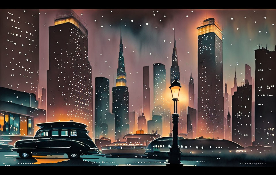 Classic Cars and Cityscape with Streetlamp and Skyscrapers at Dusk