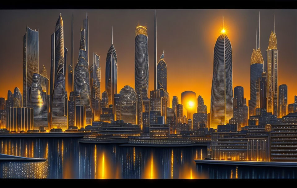 Futuristic city skyline at sunset with illuminated skyscrapers reflected in calm water