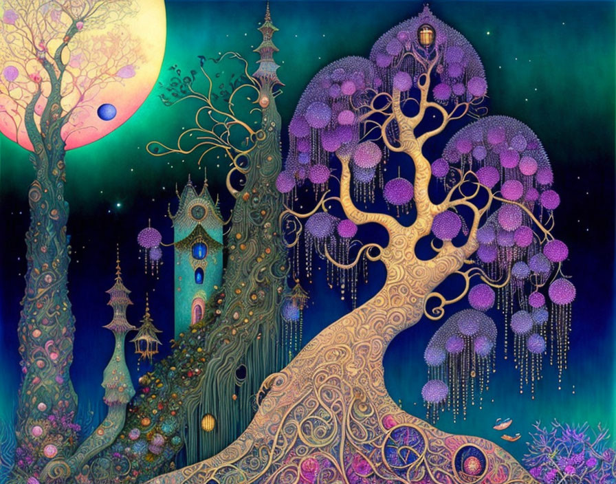 Fantastical tree with purple foliage and towers under yellow moon