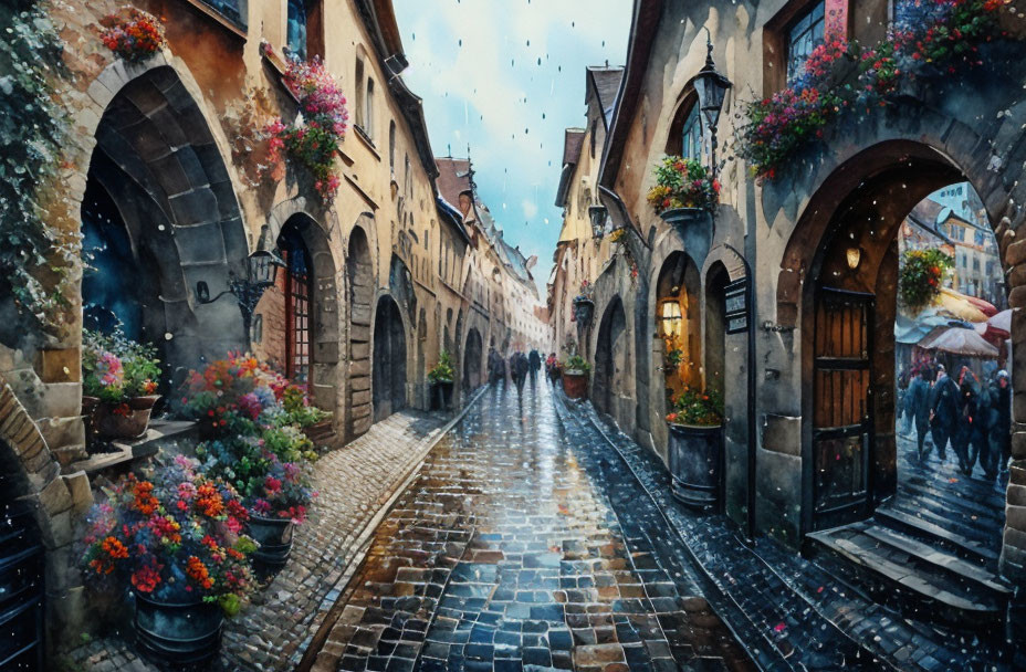 Colorful painting of cobblestone street with arches and flowers