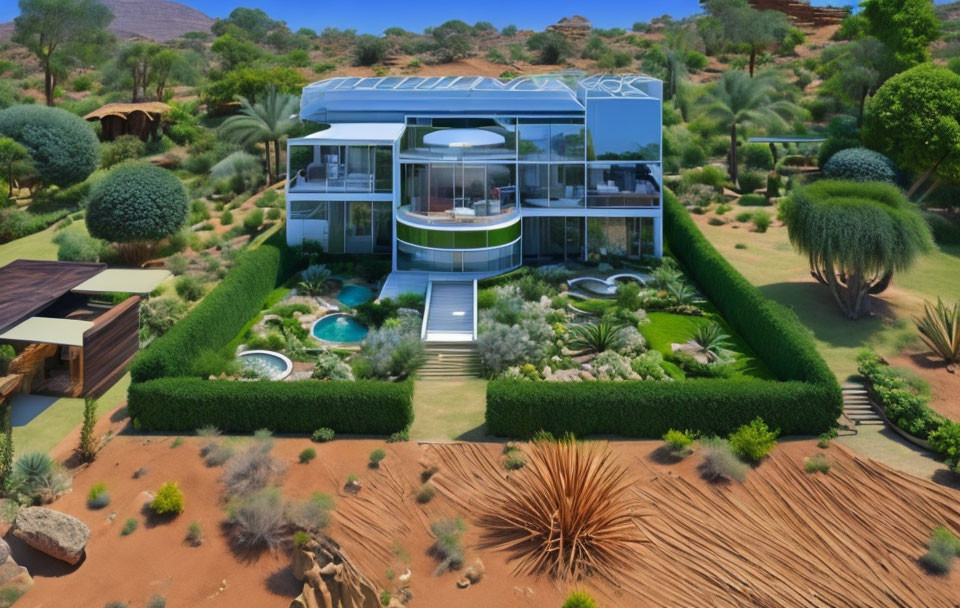 Glass-Walled House with Green Roof and Desert Landscape