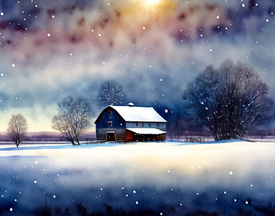 Snow-covered winter barn scene with bare trees and falling snowflakes.