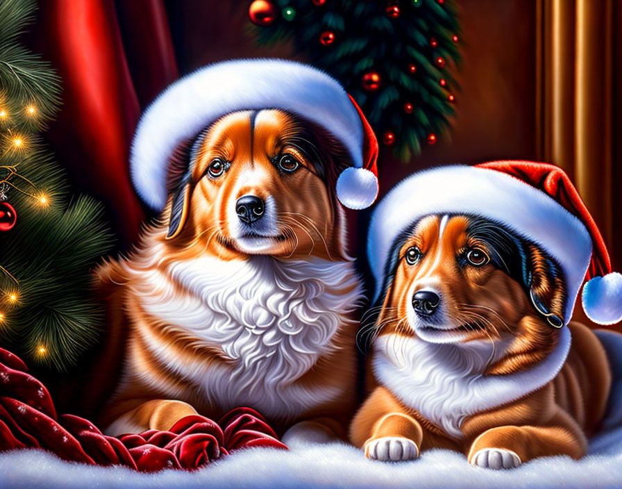 Fluffy Corgi Dogs in Santa Hats by Christmas Tree