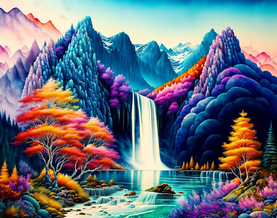 Colorful Landscape Painting: Waterfall, Lake, Trees & Mountains