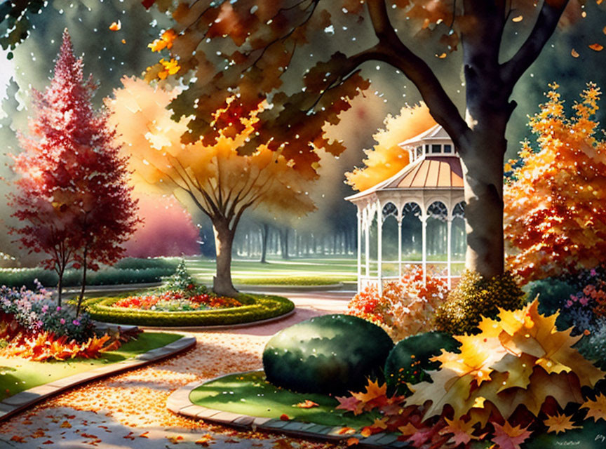 Autumn park scene with white gazebo, vibrant fall trees, manicured path, and lush bushes