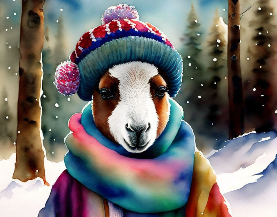 Colorful Sheep Illustration in Winter Setting