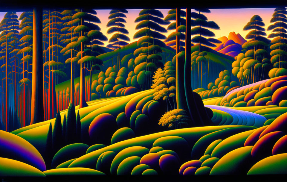 Colorful Stylized Landscape with Rolling Hills and Exaggerated Pine Trees