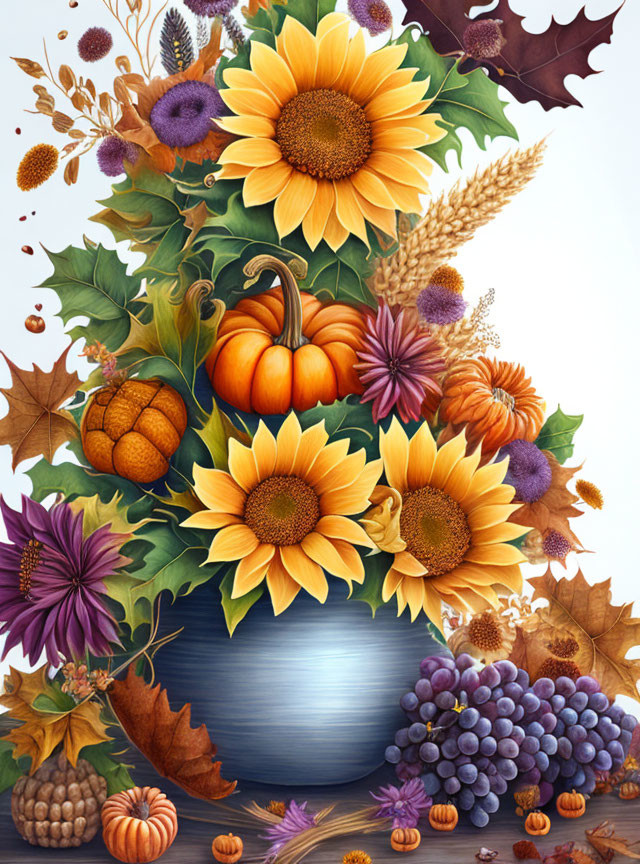 Colorful autumnal arrangement with sunflowers, pumpkins, grapes, wheat & leaves in blue vase