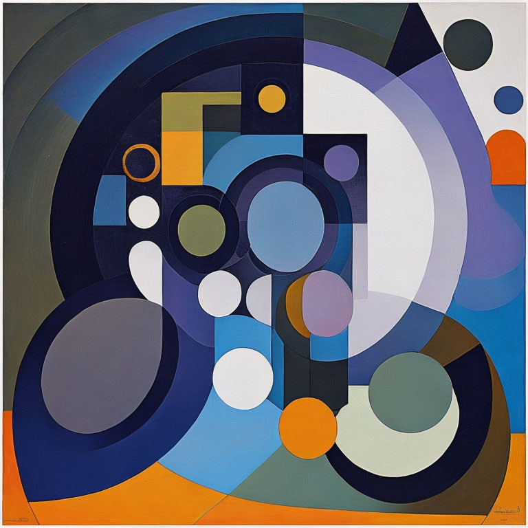 Geometric abstract painting with circles, squares, and arcs in blues, grays, oranges, creams