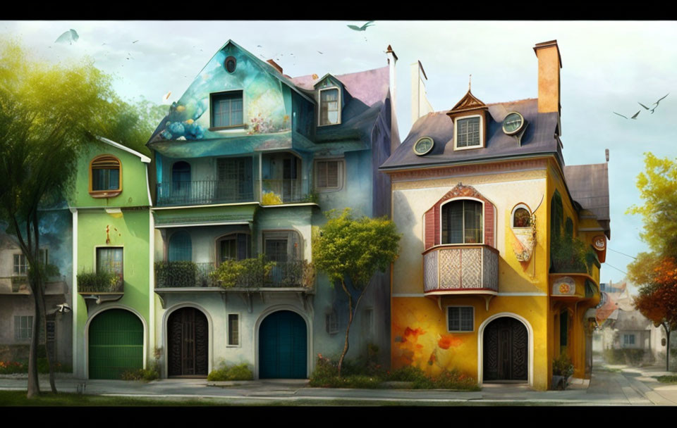 Colorful fantasy houses in serene neighborhood with unique architecture.